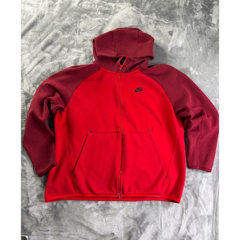 Nike Tech Fleece Men XL Full Zip Hoodie Red Burgundy Colorblock Raglan